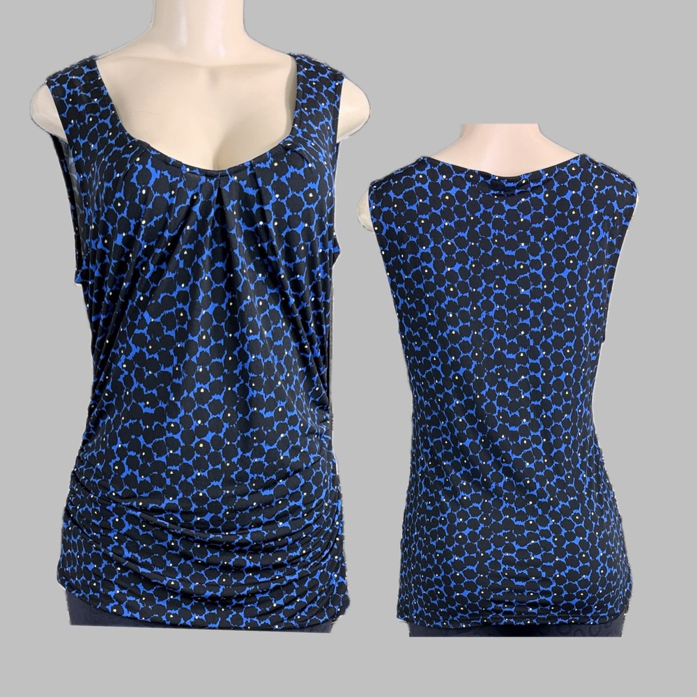 New York & Company L Blue Black Abstract Dot Ruched Sides Sleeveless Blouse